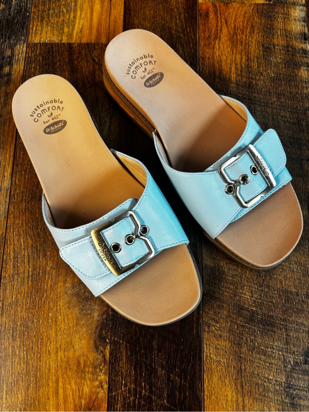 Dr. Scholl's Women's Get It Movin Light Blue Slide Sandals with Buckle size 8.5W
